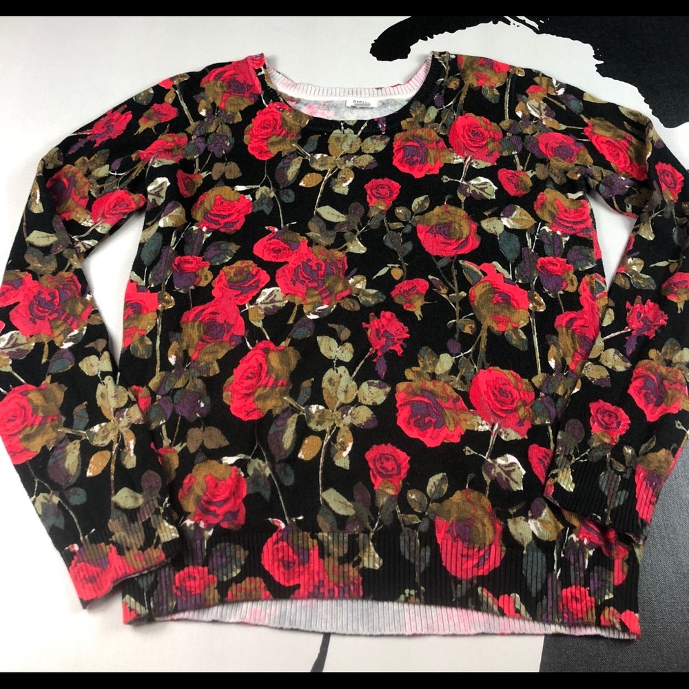 Garage Womens Black Red Sweater Knit Roses